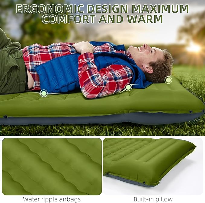 Double Sleeping Pad Camping, Self Inflating 6'' Extra-Thick 2 Person Pillow Built-in Foot Pump Waterproof Inflatable Sleeping Mat Backpacking, Tent, Hiking, Portable Camping Pad