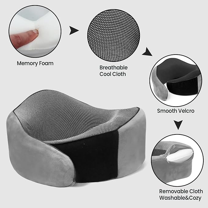 Travel Pillow, 100% Pure Memory Foam Travel Neck Pillow Airplane Neck Support Ergonomic Design for Traveling Suitable for Airplanes,Offices and Cars-Light Grey