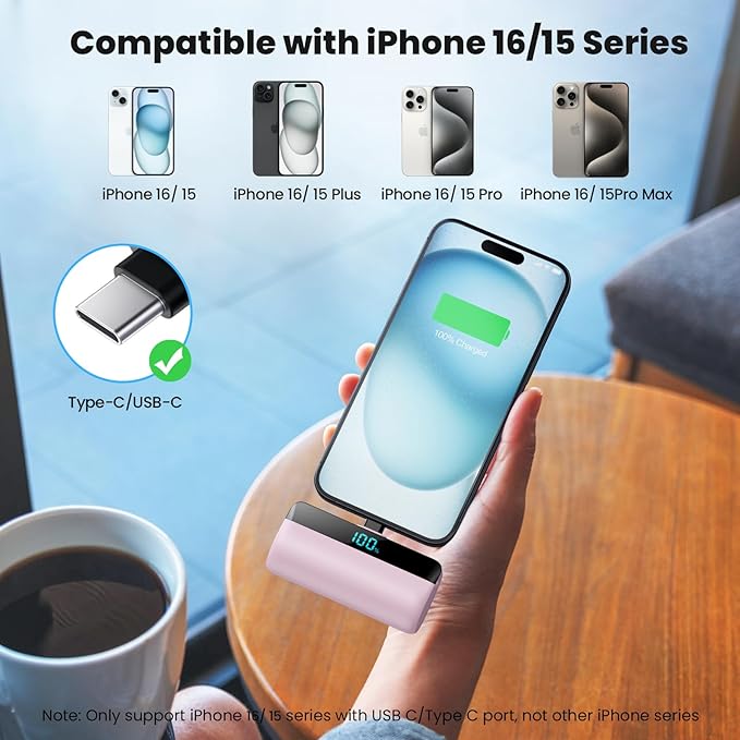 [2 Packs] Small Portable Charger 5500mAh for iPhone 15/16,LCD Display 15W PD Fast Charging Power Bank,USB-C Connector,Mini Battery Pack Compatible with 16/16 Pro Max/15/15 Pro Max Android Galaxy etc