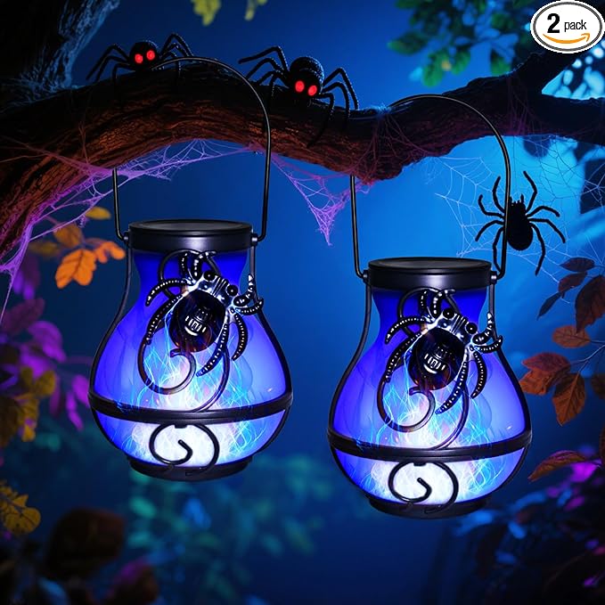 2 Pack Halloween Lights Outdoor Spider Hanging Solar Lantern Flickering Flame Lights Garden Patio Porch Halloween Party Decoration