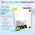 DC 12V 125A 1500W Power Supply 110V AC to 12V DC Converter Power Supply Adapter 125A 1500W Transformer for Motor Pump CCTV Security Camera Car Stereo 3D Printer