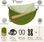 Camping Hammock with Net,Portable Lightweight Double Hammocks with Tree Straps and Solid D-Shape Carabiners,Parachute Nylon Hammock for Backpacking Beach Backyard Patio Hiking Green&Khaki