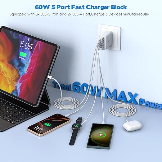 10Foot iPhone 17/16/15 Cord Fast Charging,2Pack Super Quick 60W i Phone USBC Charging Block 5-Port Phone Plug Long 10FT Type C Woven Cable for i Phone17/17 Air,iPhone 16e/16/15/15Pro,iPad Pro/Air/Mini