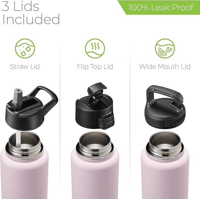 SipX™ Triple-Insulated Stainless Steel Water Bottle 32oz. With 3 Lids, BPA-Free Reusable Insulated Water Bottle Keeps Cold 24 Hours, (Pink)
