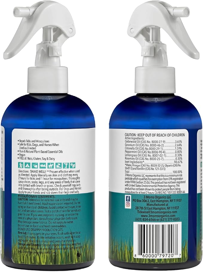 3 Moms Organics TickWise 8oz, Made with All Natural Essential Oils, DEET-Free, Tick and Insect Repellent, Plant Based Essential Oils, All Natural Ingredients Great for Adults, Kids, Dogs & Horses