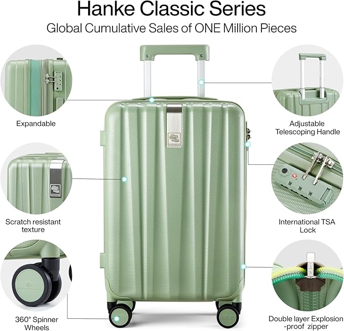 Hanke 20 Inch Expandable Carry on Luggage 22x14x9 Airline Approved Lightweight PC Hard Shell Suitcases with Wheels Travel Luggage Rolling Suitcase Travel Luggage Bag for Weekender(Bamboo Green)