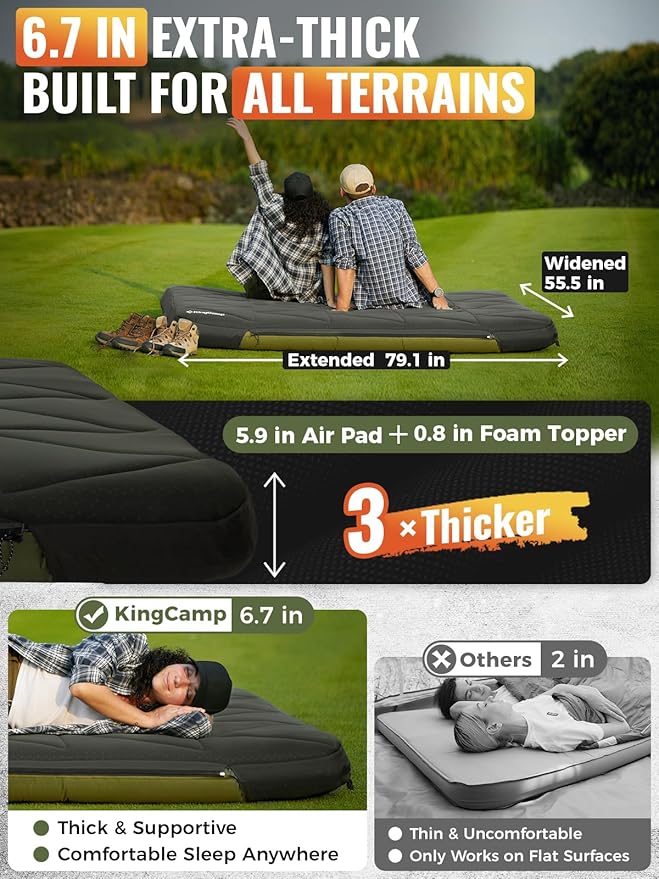 KingCamp Double Sleeping Pad, Inflatable Camping Mattress 2 Person with Removable Foam Cover & Pump Sack, Queen Sleeping Mat Camping Essentials for Outdoor Tent Car (Green)