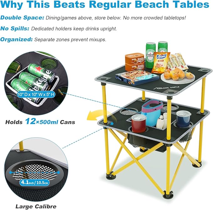 Folding Camping Table with 4 Cup Holders, Lightweight Portable Beach Outdoor Picnic Table, Square Camp Table with Built-in Food Basket Travel Bag for BBQ, Camping, Tailgate
