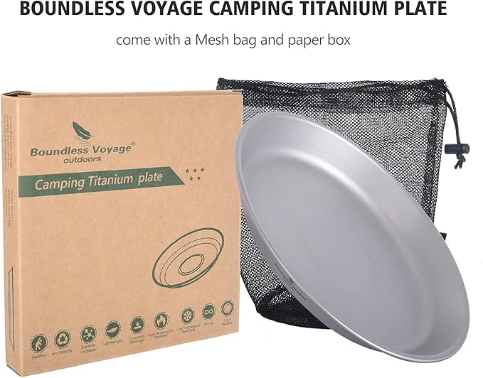 iBasingo Titanium Camping Plates with Mesh Bag - 174mm Ultralight Backpacking Dinnerware for Hiking, Survival Kit & Outdoor Cooking, 61g Ti1111T