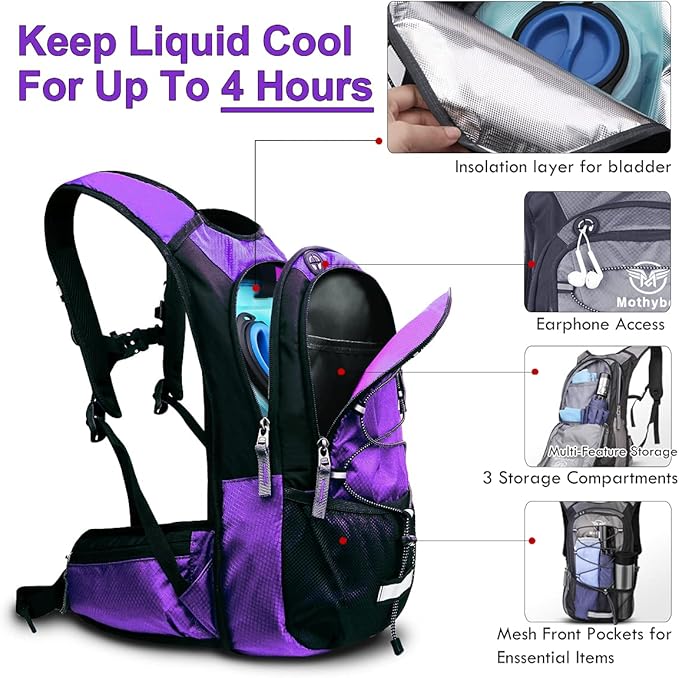 Insulated Hydration Backpack Pack with 3L BPA Free Leak Proof Water Bladder, Large Storage Lightweight Hiking Daypack with Waist Pouches & Cooler Layer, for Running, Biking, Camping, Festival