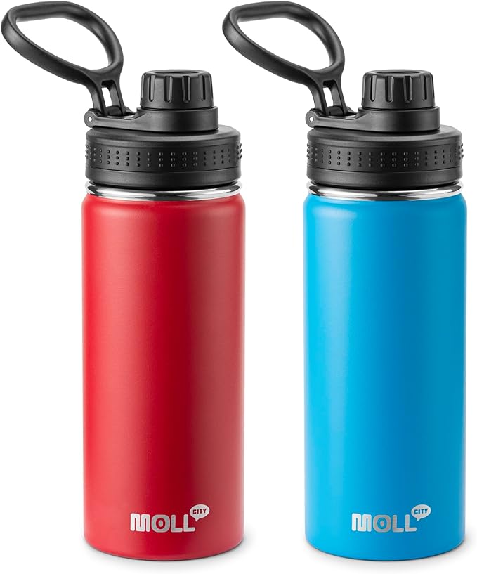 16 oz Water Bottle Stainless Steel Vacuum Insulated Wide Mouth Sports Flask, 2 Pack Water Bottle with Leakproof Spout Lid (Canyon Red-Sky Blue)