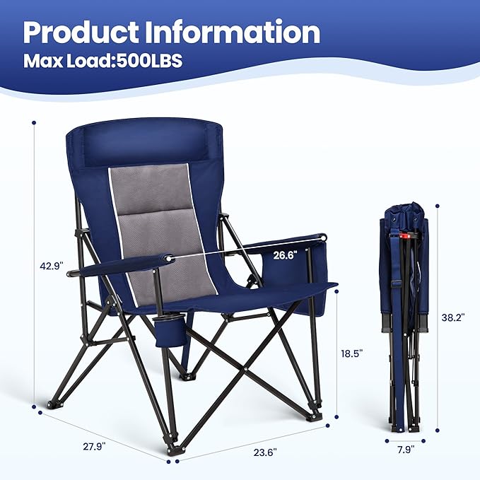 HIGH POINT SPORTS Oversized Camping Chairs for Adults, High Back Heavy Duty Lawn Chair Support 500LBS, Padded Portable Collapsible Chair with Cup Holder, Blue, 2 Pack