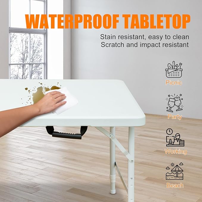 4 FT Folding Table with Carry Handle, Portable Fold-in-Half Plastic Table, Rectangle Foldable Table for Indoor/Outdoor White