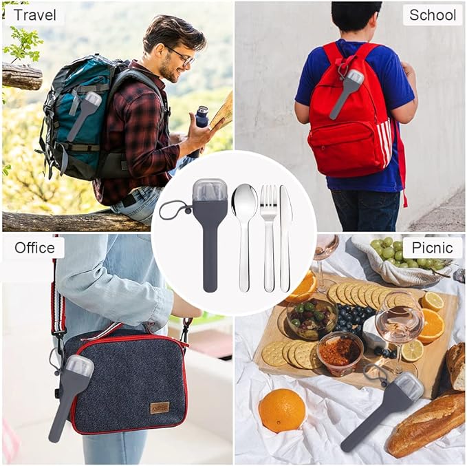 Sophico Travel Utensils Set for Camping and Kids Lunch Box, Stainless Steel Fork and Spoon, Knife Silverware Flatware Sets with Silicone Case - Portable & Leak-proof, Dishwasher Safe (Dark Grey)