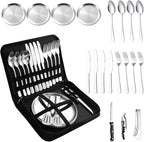 Camping Silverware Silver Picnic Plates and Utensils Set for 4 Portable Tableware Stainless Steel Flatware 20 Pieces With Organizer Bag Reusable Durable