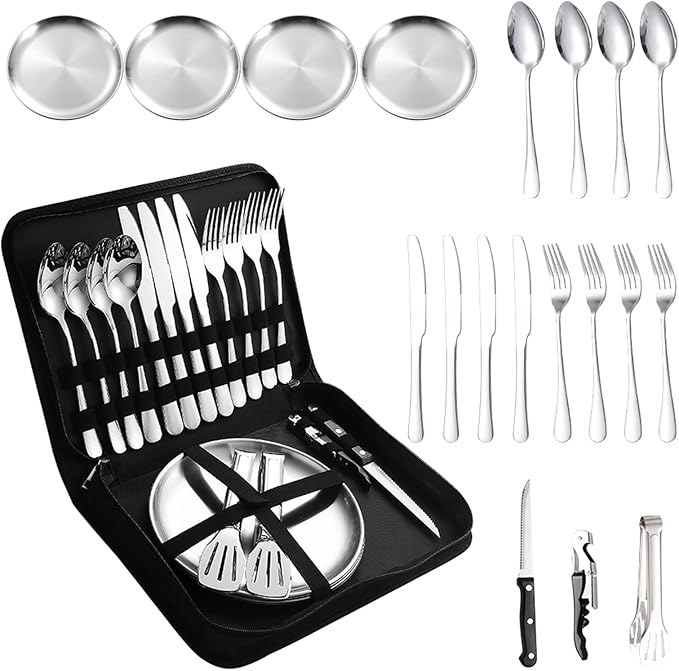 Camping Silverware Silver Picnic Plates and Utensils Set for 4 Portable Tableware Stainless Steel Flatware 20 Pieces With Organizer Bag Reusable Durable