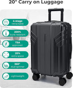 BAGSMART Expandable Carry On Luggage 22x14x9 Airline Approved, 1OO% PC Lightweight Hard Shell Suitcase, 20 Inch Travel Luggage with Spinner Wheels, Waterproof Rolling Suitcase, Black