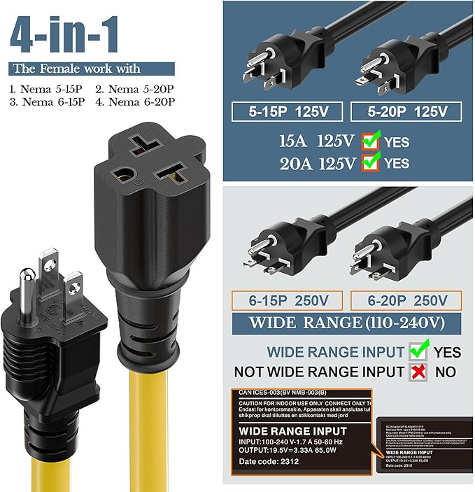 4 in1 NEMA 5-15P Extension Cord, Winxus 3FT NEMA 5-15P to 5-15R, 5-20R, 6-15R, 6-20R Adapter Cord, 15A to 20A AC Adapter Cable, 3 Prong Extension Cords 3 FT
