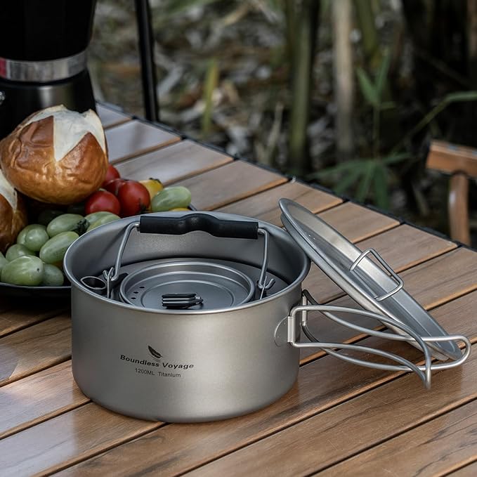 Boundless Voyage Titanium Pot Portable Camping Cookware Lightweight Cooking Pot Set for Outdoor Cooking Traveling Backpacking Hiking Trekking Picnic