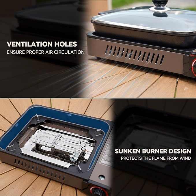 ONLYFIRE Butane Stove with Grill Pan, Portable Stove with Small Griddle & Lid, Camping Stove Instant Ignition, Camp Stove for Cooking, Patio Backyard, Camping, RV and Emergency Use, GS349