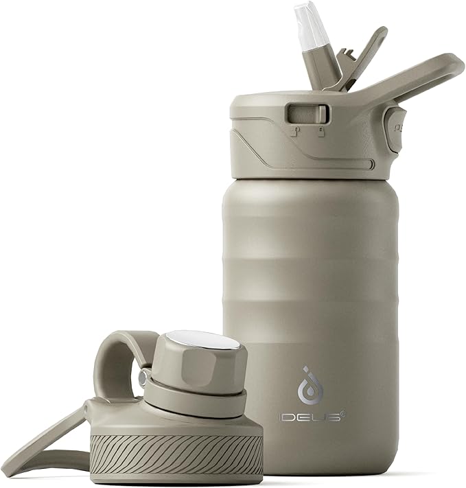 IDEUS Insulated Water Bottle 12oz, Stainless Steel Insulated Water Bottle For School, Insulated Bottles With Straws Leakproof, Vacuum Double Wall Water Bottles For Boys And Girls With 2 Lids, BPA Free