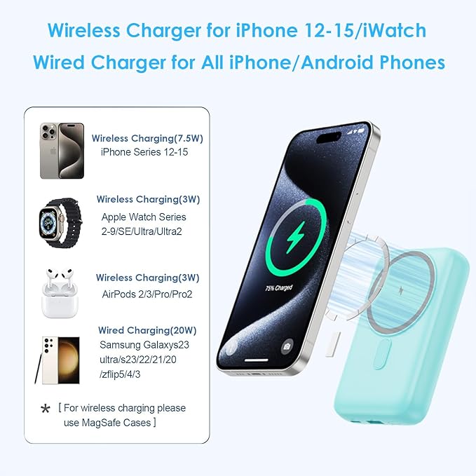 Magnetic Portable Charger 10800mAh,4-in-1 Wireless Power Bank with iWatch Charger, QC4.0+20W PD Fast Charging USB C Battery Pack with LCD Display for Magsafe,iPhone 16/15/14/13/12 Series, Green