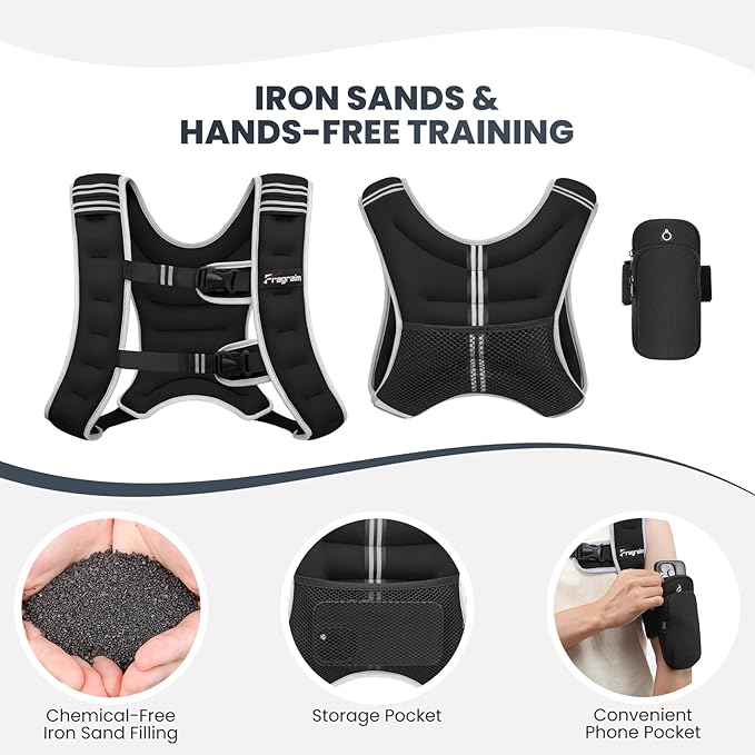 Fragraim Weighted Vest for Women Men - 8lb/10lb/12lb/16lb/22lb/25lb/30lb Weight Vest with Reflective Stripe, Detachable Phone Pouch, Ideal for Walking, Strength Training, Running, Workout, Cardio