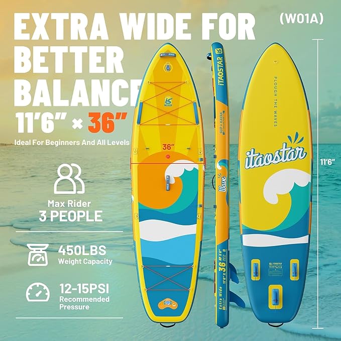 Billow 11'6"×36" Extra Wide Paddle Board with Seat, One-Stop Premium SUP Board Accessories, Tailored Fins, Stable Inflatable Stand Up Paddle Boards for Youth/Adults of All Skill Levels