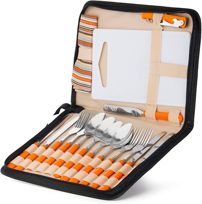 Camping Silverware Kit Cutlery Organizer Utensil Picnic Set 12 Piece Mess Kit - Stainless Steel Spoon Butter & Serrated Knife Wine Opener Fork Napkin Hiking Camp Kitchen BBQ’s (4 Person 20 Piece Set)