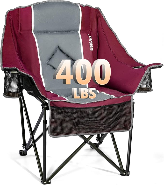 Oversized Camping Chair for Large Adults Heavy Duty 400 lbs Capacity, Comfortable Padded Folding Lawn Chair with Back & Headrest Support and Cup Holder, Portable Outdoor Chair with Carry Bag
