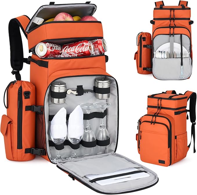 Backpack Cooler, 40 Cans Soft Leak Proof Picnic Backpack, Hanke Portable 2 Insulated Compartments Cooler Backpack Water Resistant for Lunch Beach Travel Camping Picnic Hiking (Orange)