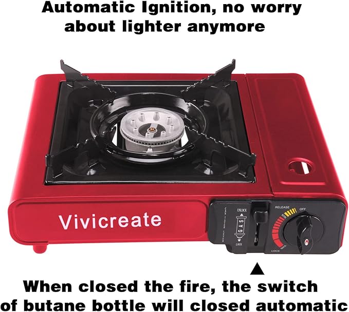 Vivicreate 8500 BTU Portable Butane Gas Stove for Camping Cooking Outdoor, Lightweight Portable Stove Burner with Auto Ignition, Estufa de Gas Portátil para Camping al Aire Libre(Red)