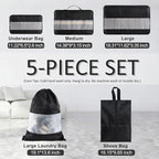 U+U 5 Set Packing Cubes for Travel Essentials Ultralight Luggage Packing Organizers with Laundry Bag and Shoe Bag for Vacation, Business Trip and Camping (Black)