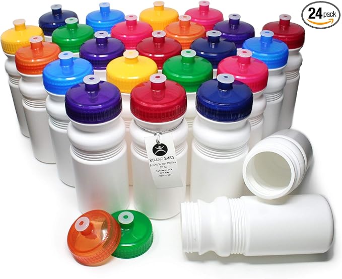 Rolling Sands USA Made 20 Ounce Sports Water Bottles - 24-Pack Bulk BPA-Free Blank Sports Bottles for Teams & Classrooms - White Bottle/Variety Lid, No Smell No Taste