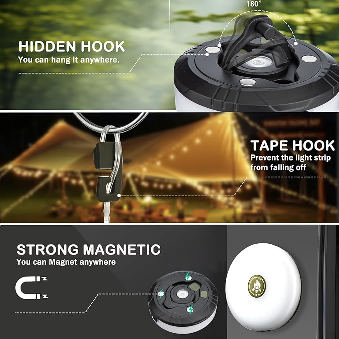 2-Pack Camping String Lights - 4 in 1 Outdoor Camping Lantern with 8 Lighting Modes(32.8Ft), Quick 30s Recovery, Waterproof, Type-C Fast Charging, Portable Camping Lights for Camping/Yard/Hiking