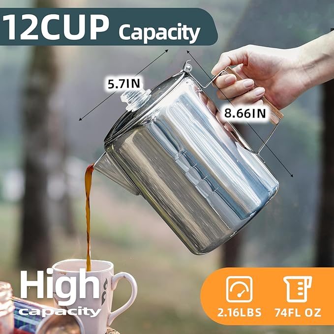MEREZA Camping Percolator Coffee Pot 12 Cup Stove Top Coffee Percolator Non Electric Coffee Maker Camping Stainless Steel Coffee Pot Outdoors Home No Aluminum & Plastic Fast Brew
