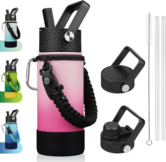 BJPKPK Water Bottle with Straw Lid, 18oz Insulated Water Bottles with 3 Lids, Paracord Handle & Non-slip Boot, Metal Stainless Steel Thermo, BPA Free Leak Proof Cups, Tumblers,Cherry