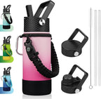 BJPKPK Water Bottle with Straw Lid, 18oz Insulated Water Bottles with 3 Lids, Paracord Handle & Non-slip Boot, Metal Stainless Steel Thermo, BPA Free Leak Proof Cups, Tumblers,Cherry