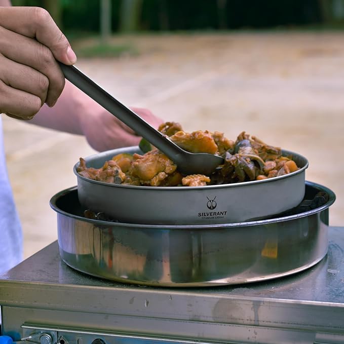 Camping Plate Titanium Pan Dish Plate with Handle & Mesh Bag, Large Reuseable Ultralight Dinner Plate for Camping Outdoors Backpacking (1000ML)