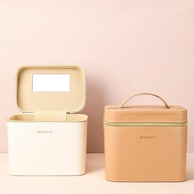 Hard white makeup box, Portable leather hard cosmetic case with mirror, Professional train case make up box for women adults. (Monolayer - white