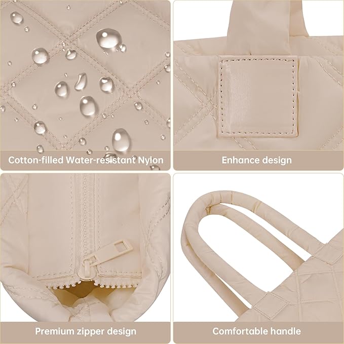 Puffer Tote Bag for Women, Quilted Bag with Zipper, Small Tote HandBags for Work, Travel