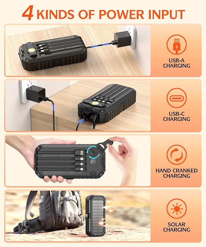 QiSa Solar Charger Power Bank 40000mAh Built in 4 Cables and Hand Crank, Portable Charger 22.5W Fast Charger 6 Outputs & 4 Inputs External Battery Pack with Bright Flashlight and Compass