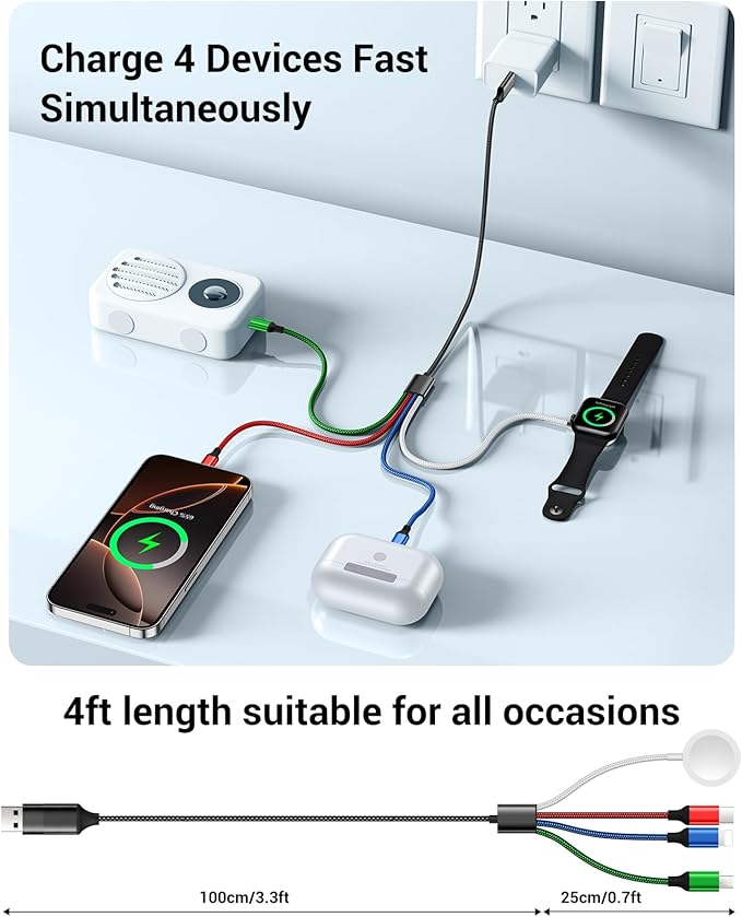 Temdan for Apple Watch Charger,4 in 2 USB C Cable for iPhone 17 Charger/Type C/Lightning/Micro USB,Multi Charging Cable Cord,Portable Travel Vacation Essentials Designed for iWatch &iPhone 16-12