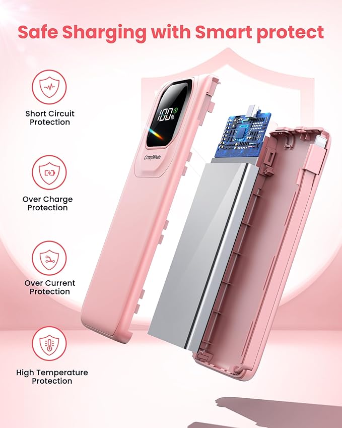 Portable Charger Power Bank with Built-in Cables, 22.5W Fast Charging 10000mAh Phone Charger, Travel Battery Pack Slim Battery Bank with Smart LED Display for iPhone, Android & USB-C Devices (Pink)