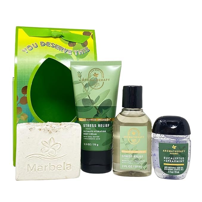 Bath & Body Works Aromatherapy Stress Relief EUCALYPTUS + SPEARMINT You Deserve This Travel Gift Bag Set - Body Cream - Body Wash + Foam Bath - Hand Gel - with a Natural Oats Bar Soap - Travel Size