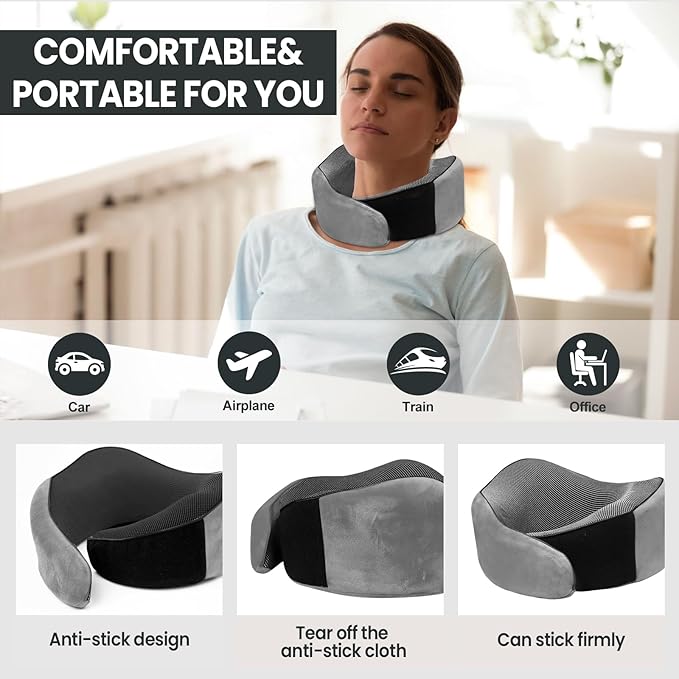 Travel Pillow, 100% Pure Memory Foam Travel Neck Pillow Airplane Neck Support Ergonomic Design for Traveling Suitable for Airplanes,Offices and Cars-Light Grey