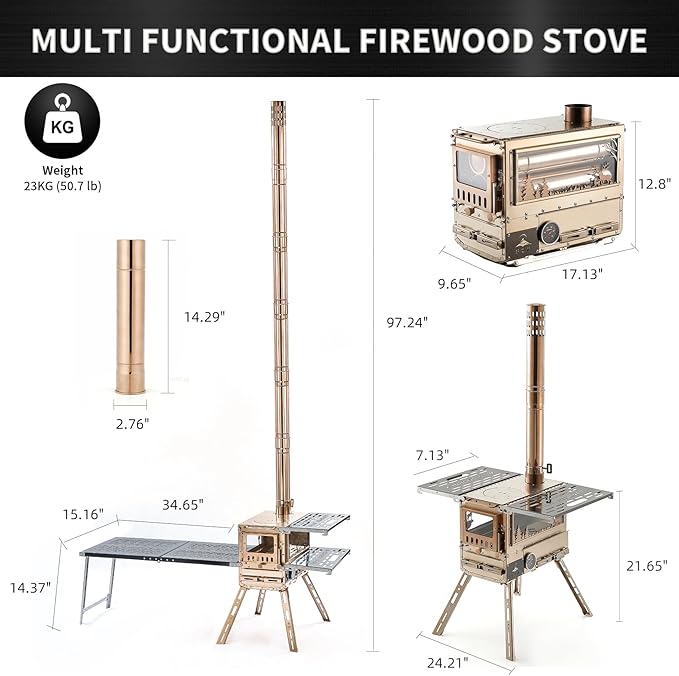 Stainless Steel Portable Wood Burning Stove with Oven & Camping Table, 6 Chimney Pipe for Outdoor Camping, Cooking, Tents, BBQ, Hiking, Fishing, Backpacking