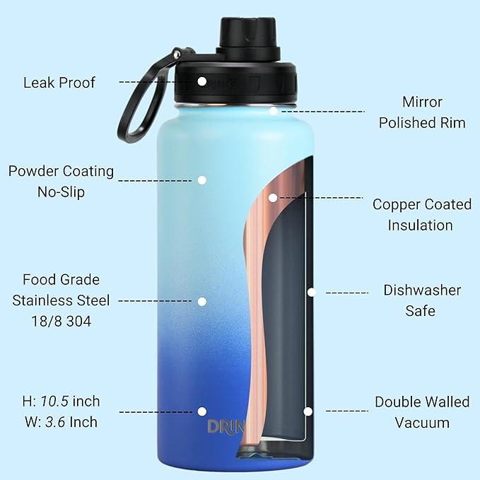DRINCO Stainless Steel Water Bottle Spout Lid Vacuum Insulated Double Wall Water Bottle Wide Mouth (40oz 32oz 22oz 18oz 14oz) Leak Proof Keeps Cold or Hot (32 oz, 32oz Morning Sky Blue)