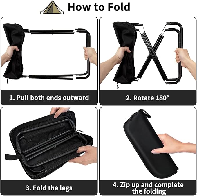 Hygite Portable Stool,10 Inch Small Folding Stool for Adults,Ultralight Black Camping Stools for Hiking and Fishing,Hold Up to 265 LBS