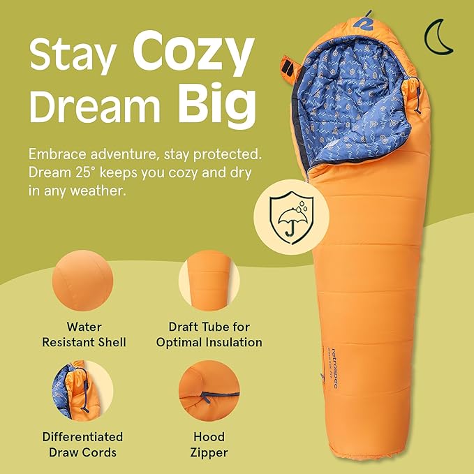 Retrospec Dream 25 Kids Mummy Sleeping Bag for Camping - Insulated, Water-Resistant, Lightweight